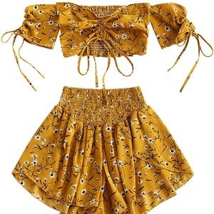 Two Piece Set Yellow Floral Cinch Off the Shoulder